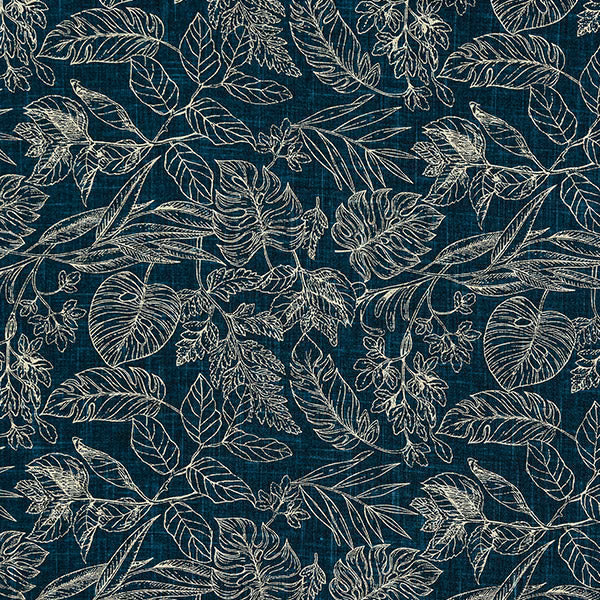 Deep teal botanical fabric with pale outlined leaves and woven texture
