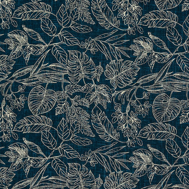 Deep teal botanical fabric with pale outlined leaves and woven texture