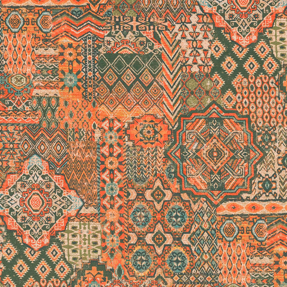 Patchwork geometric fabric swatch in burnt orange, sage green and neutral tones