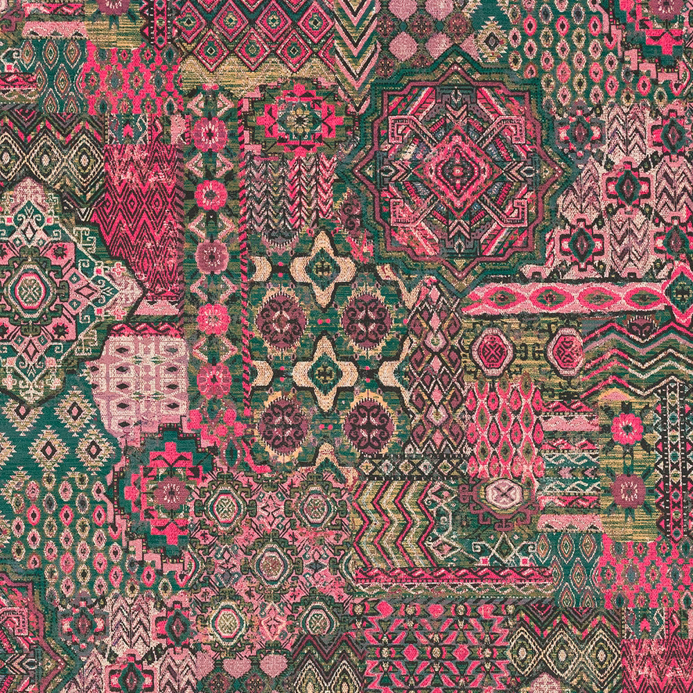 Multicoloured patchwork pattern in bright pink, green and beige on a textured woven ground