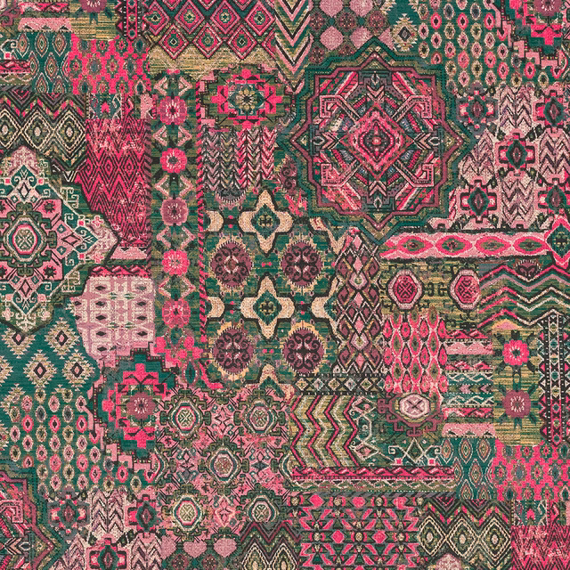 Multicoloured patchwork pattern in bright pink, green and beige on a textured woven ground