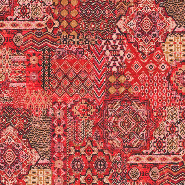 Vibrant crimson Persian patchwork fabric with intricate red, burgundy and gold motifs