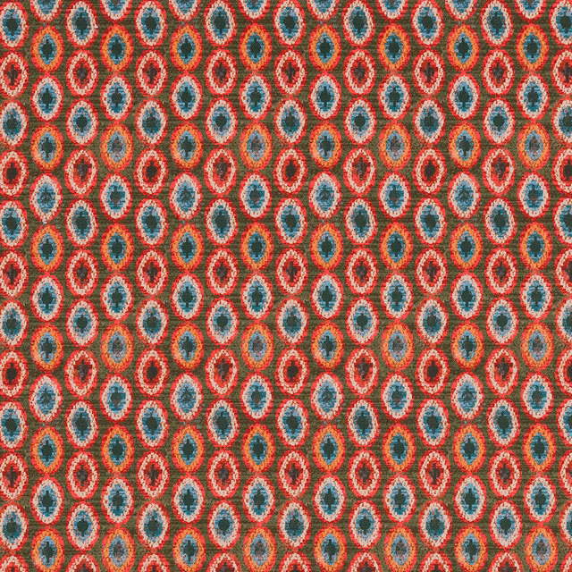 Repetitive oval woven motif in burnt orange, teal, cream and coral