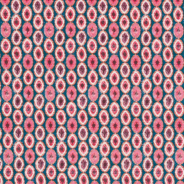 Close-up of small oval geometric fabric in pink, cream, plum and teal