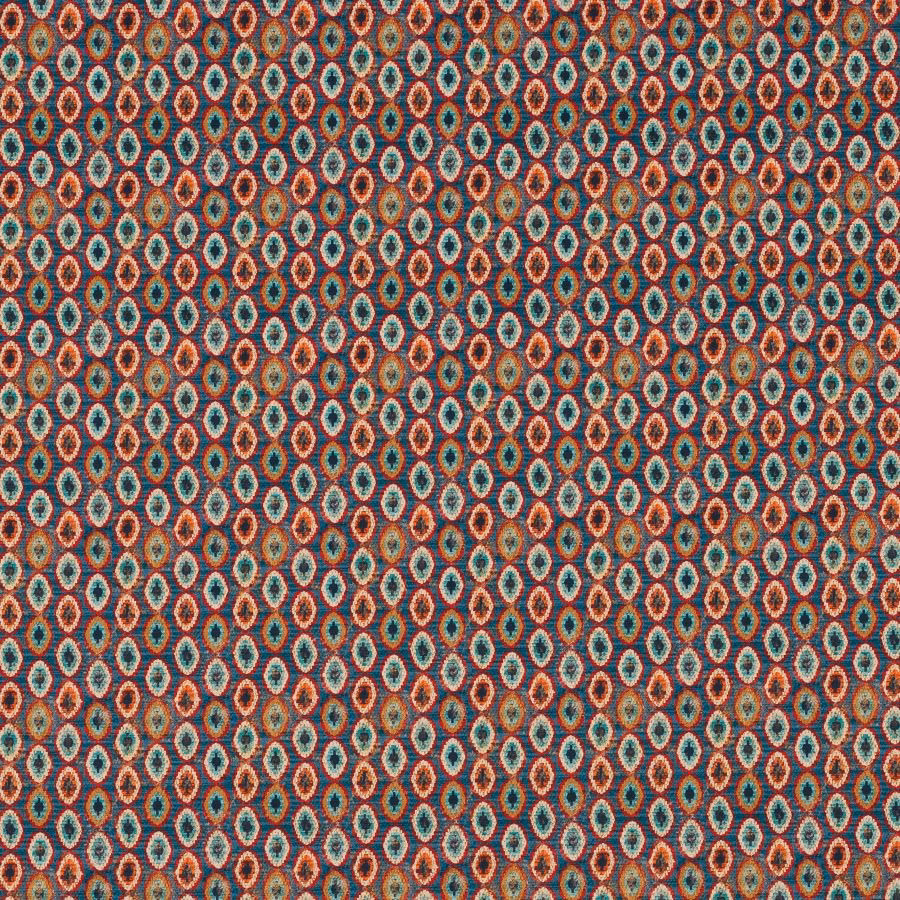 Small repeating geometric fabric in teal, terracotta and ivory diamond motifs