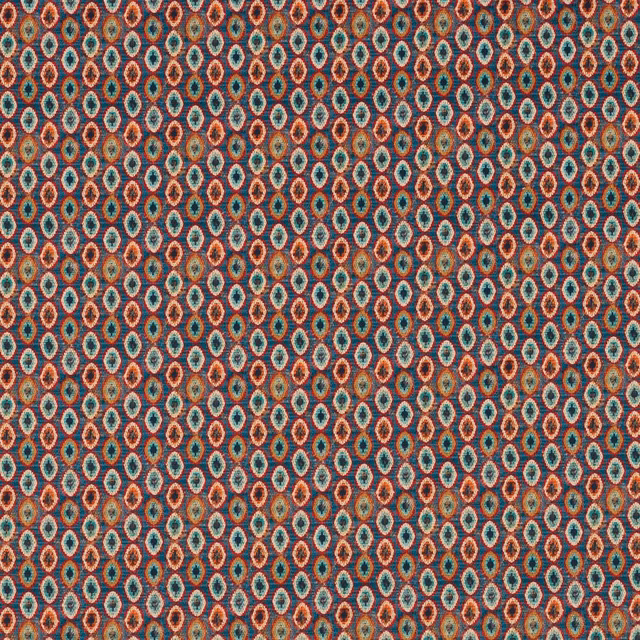 Small repeating geometric fabric in teal, terracotta and ivory diamond motifs