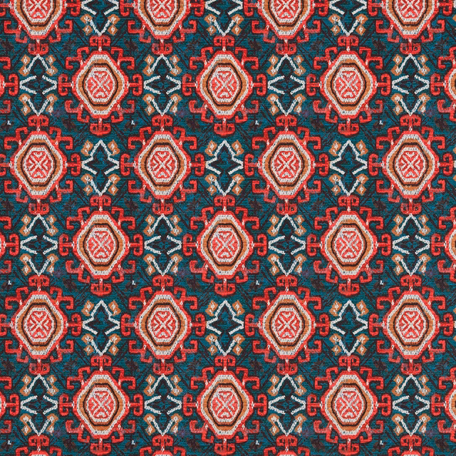 Patterned fabric swatch with burnt orange medallions on a teal ground