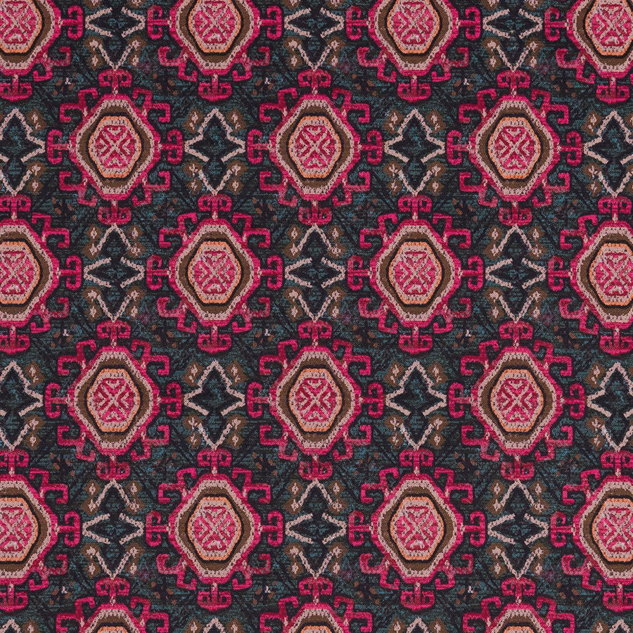 Woven geometric fabric with vivid fuchsia medallions on a deep teal ground