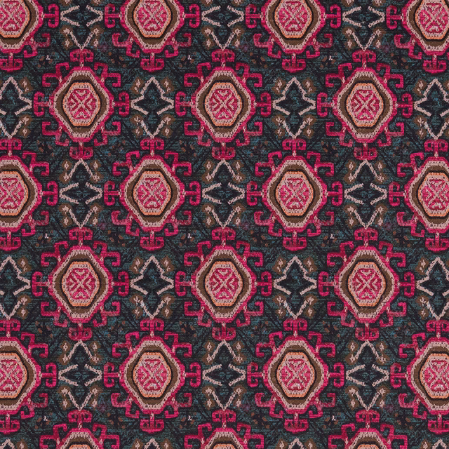 Woven geometric fabric with vivid fuchsia medallions on a deep teal ground