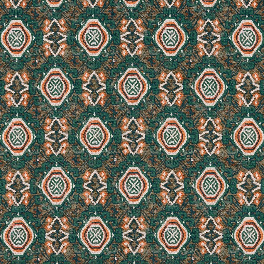 Geometric jade green fabric swatch with cream and terracotta medallions