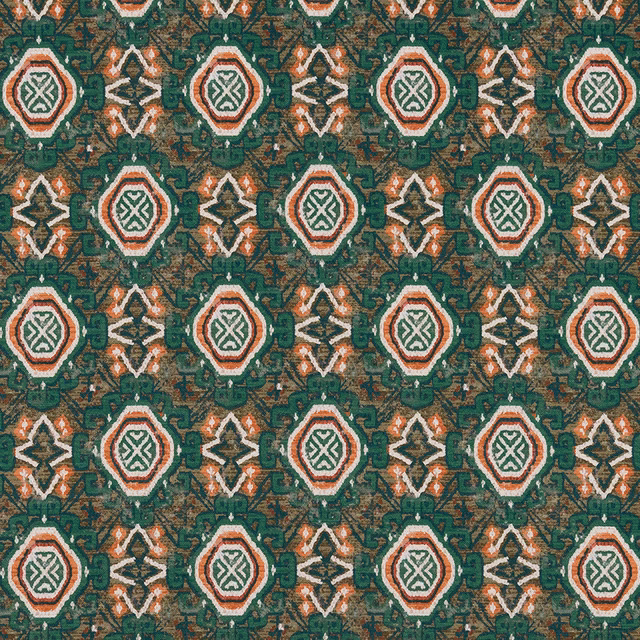 Geometric jade green fabric swatch with cream and terracotta medallions
