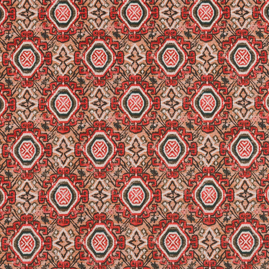 Coral red and sage patterned fabric with repeating medallions on a blush ground