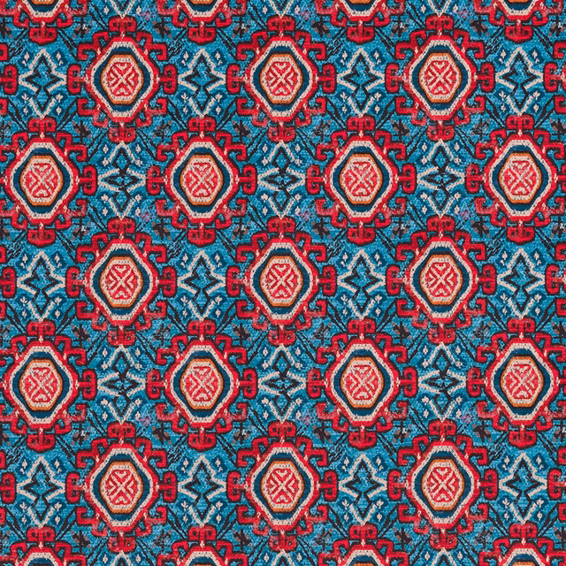 Patterned teal fabric with red and cream geometric medallions