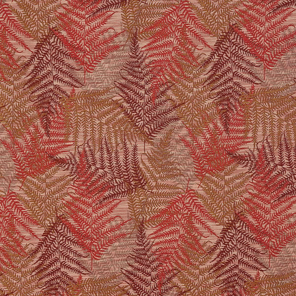 Close-up of woven red, rust and tan leafy pattern on a pale ground