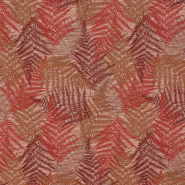 Close-up of woven red, rust and tan leafy pattern on a pale ground