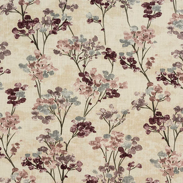 Cream floral cotton fabric with heather, blush and grey-blue blossoms