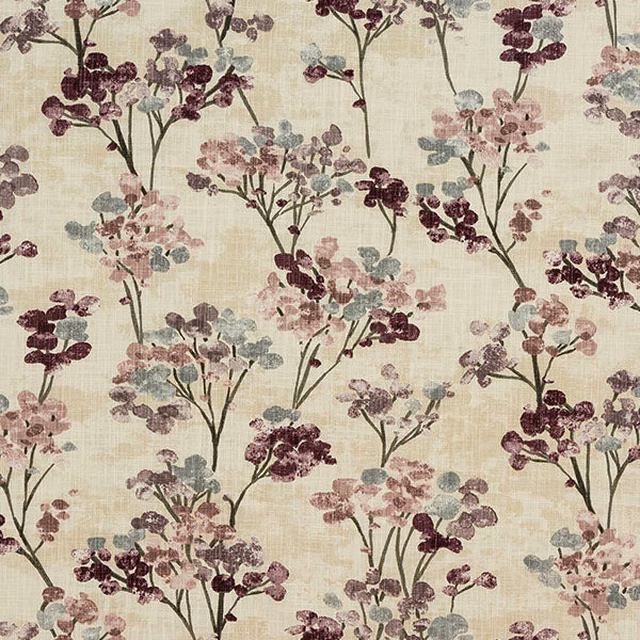 Cream floral cotton fabric with heather, blush and grey-blue blossoms