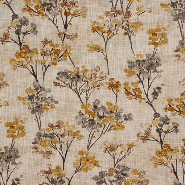 Ochre and grey floral sprigs on a pale natural cotton ground