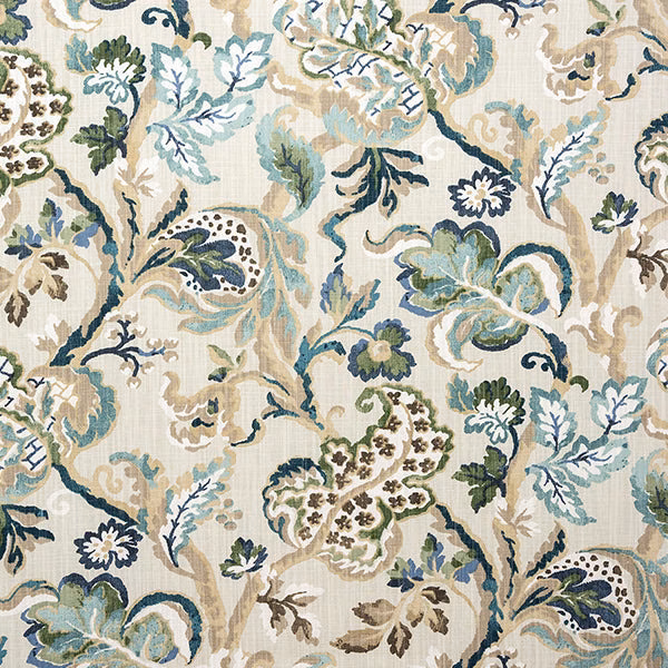 Printed floral cotton swatch in jade, aqua, beige and navy on a cream ground
