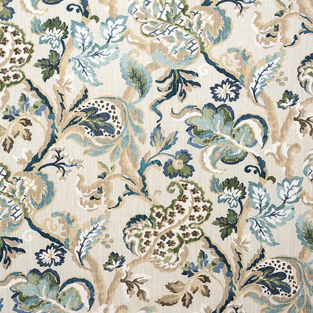 Printed floral cotton swatch in jade, aqua, beige and navy on a cream ground