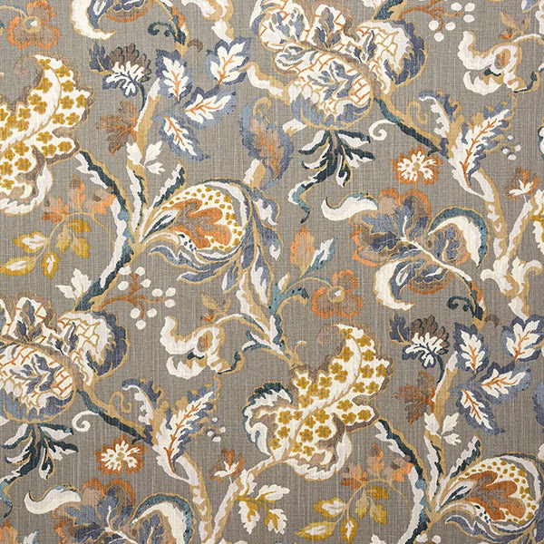 Ochre and grey floral cotton print with paisley motifs on a textured ground