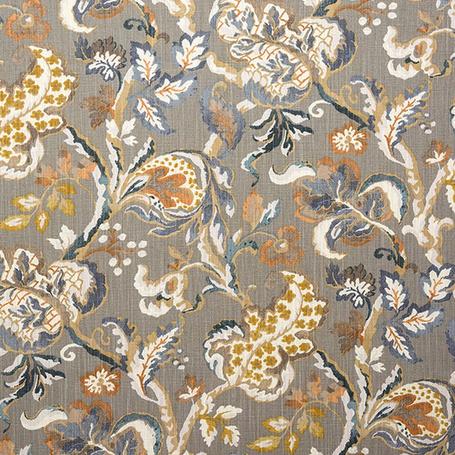 Ochre and grey floral cotton print with paisley motifs on a textured ground