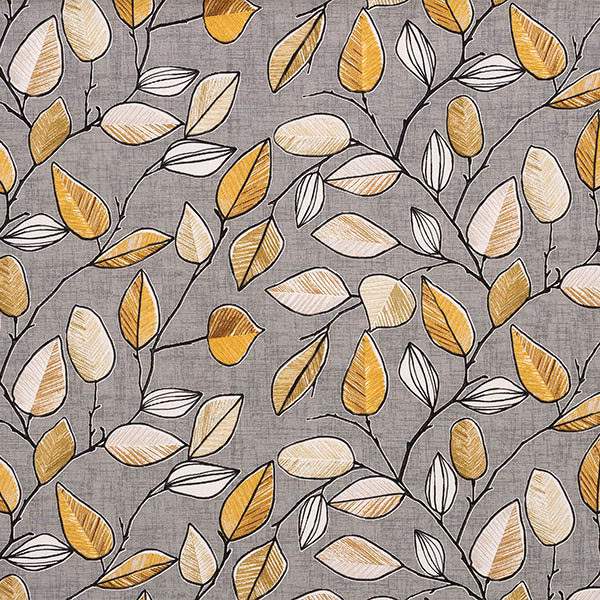 Ochre and cream leaf print on a soft grey cotton ground