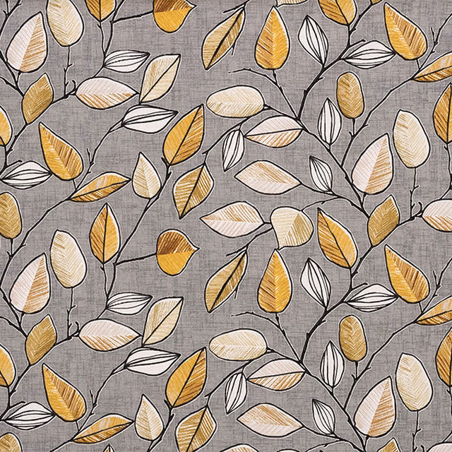 Ochre and cream leaf print on a soft grey cotton ground
