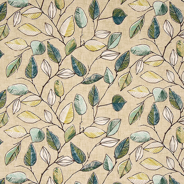 Botanical leaf print on pale natural cotton with sage and teal leaves