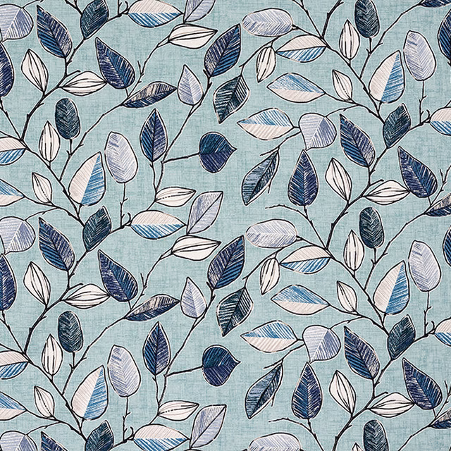 Seafoam cotton fabric with sketched leafy branches in blue, navy and ivory