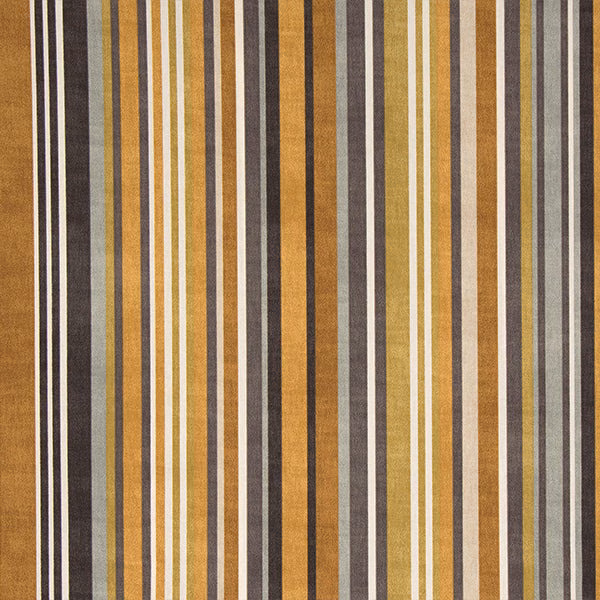 Vertical ochre, gold, grey and cream striped cotton fabric swatch