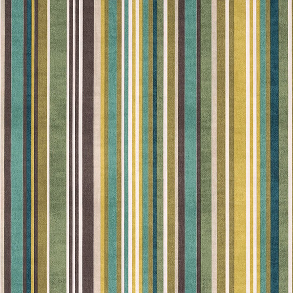 Vertical printed stripes in moss green, teal, mustard and cream on cotton
