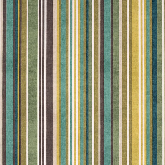 Vertical printed stripes in moss green, teal, mustard and cream on cotton