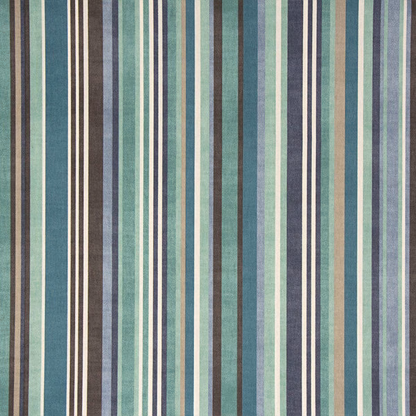 Vertical narrow stripes in seafoam, cream, navy and brown cotton