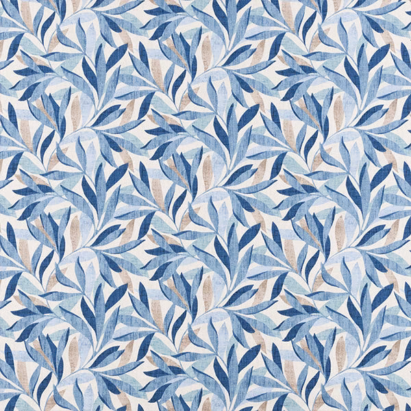 Blue and taupe leaf print on a pale ground, shown as a fabric swatch