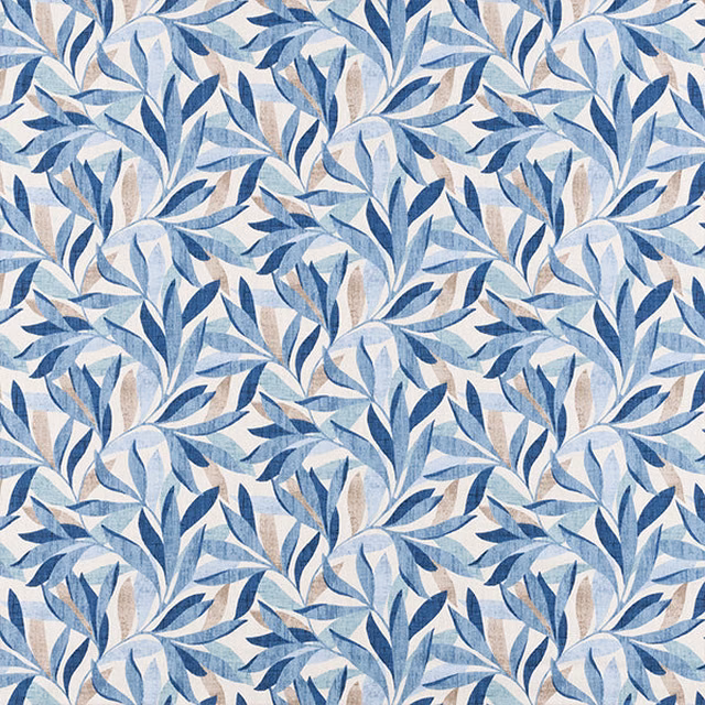 Blue and taupe leaf print on a pale ground, shown as a fabric swatch