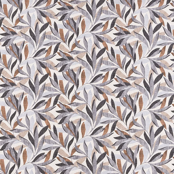 Mocha and grey leaf print on a pale cotton ground