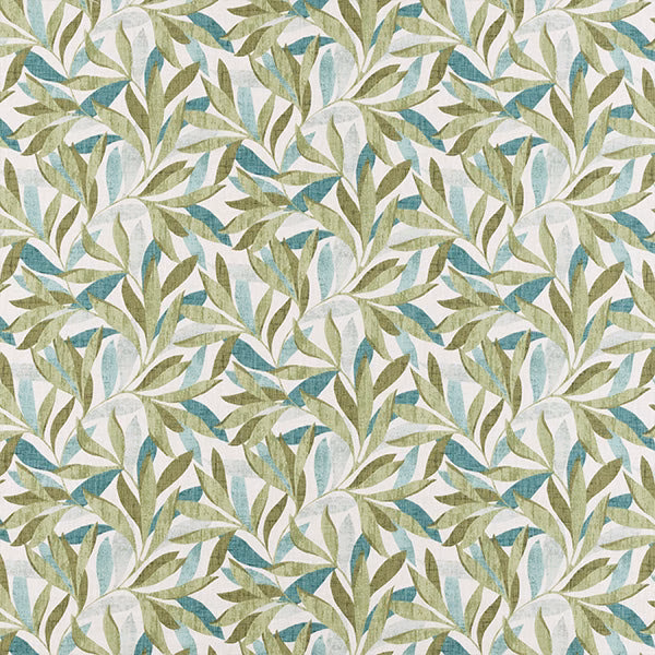 Leafy botanical print in sage green, aqua and ivory on a light ground