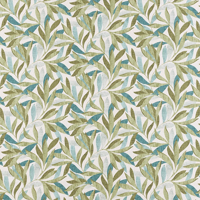 Leafy botanical print in sage green, aqua and ivory on a light ground
