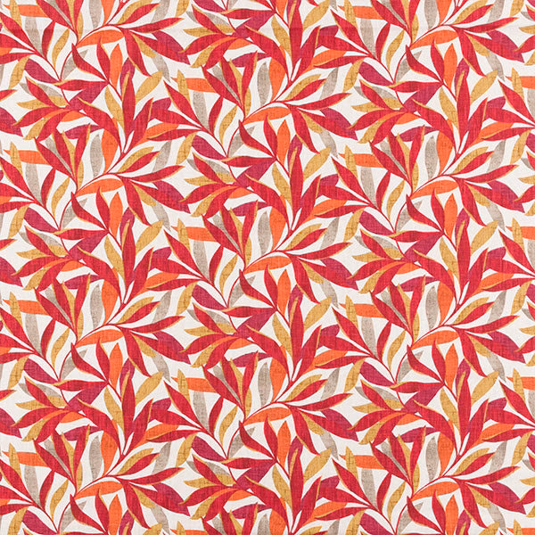 Red and ochre leaf motif printed on a cream cotton fabric swatch