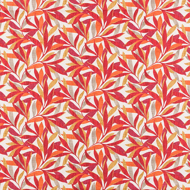 Red and ochre leaf motif printed on a cream cotton fabric swatch