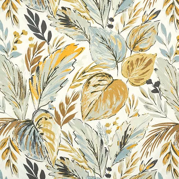 Large botanical cotton print in chartreuse, aqua, ochre and charcoal on a cream ground