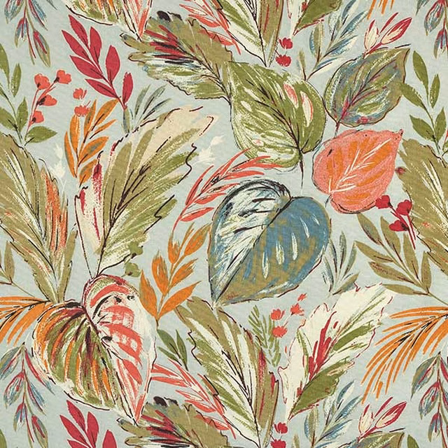 Painterly tropical leaf print in green, coral, teal and apricot on pale aqua cotton