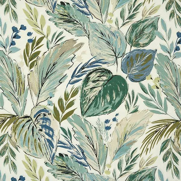 Large leafy botanical print in seafoam, mint, blue and green on a pale ground