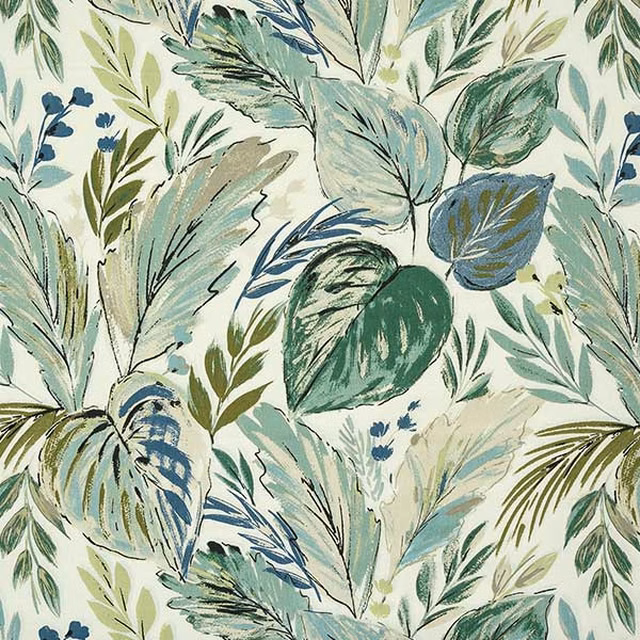 Large leafy botanical print in seafoam, mint, blue and green on a pale ground