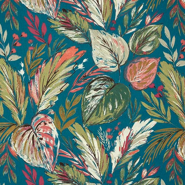 Teal cotton fabric with large tropical leaves in cream, pink and green