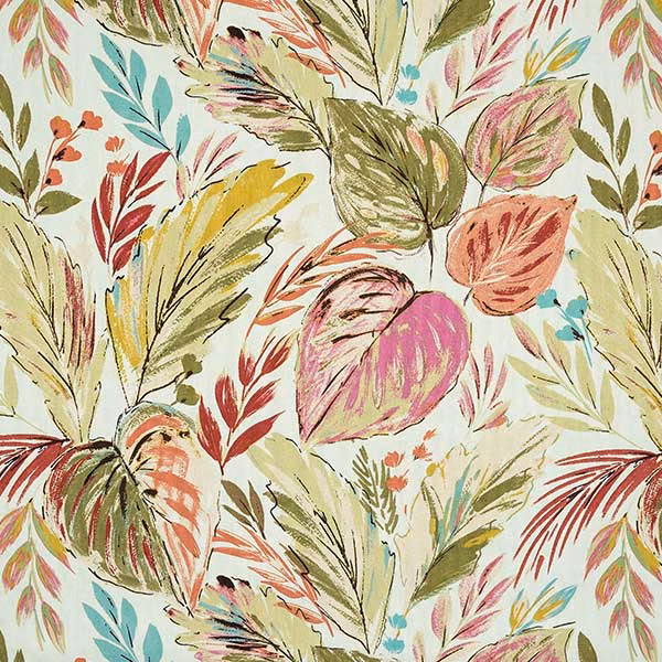 Cream printed cotton with painterly tropical leaves in pink, coral, green and aqua