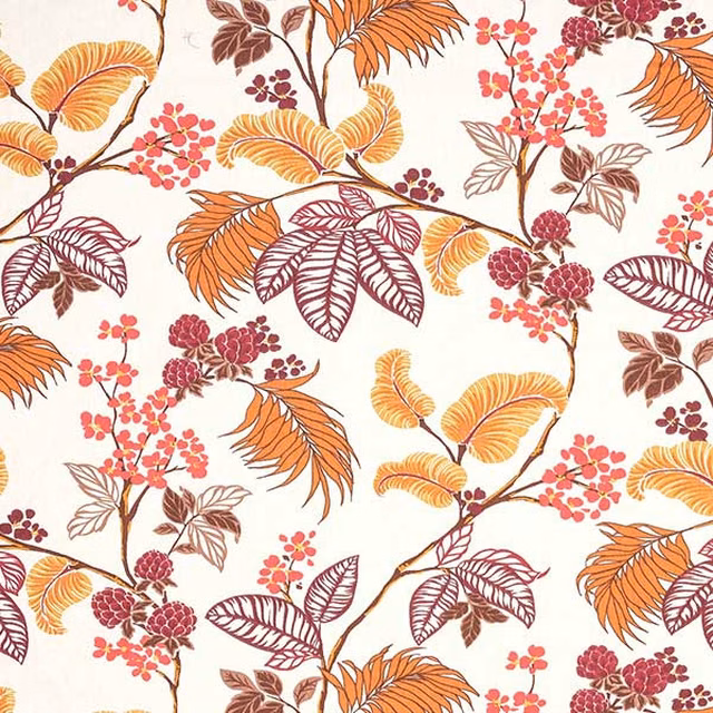 Cream cotton fabric with coral, orange and plum botanical leaf and berry print