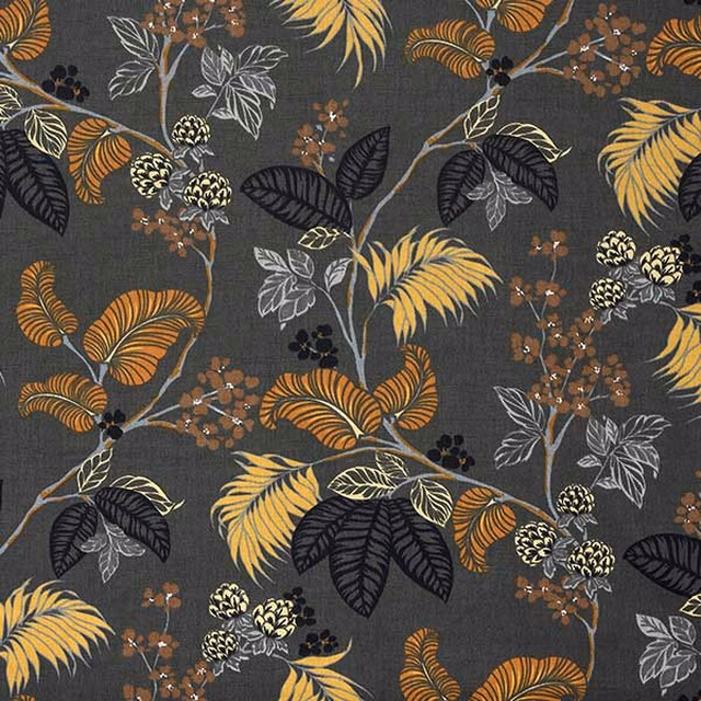 Charcoal botanical cotton with mustard leaves and cream berry clusters