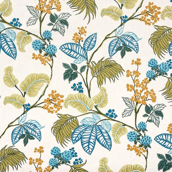 Botanical cotton print with teal, sage and ochre leaves on a cream ground